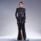 Women long sleeve round neck sexy sequins formal party maxi evening dress
