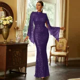Women Long Sleeve Round Neck Sexy Sequin Formal Party Maxi Evening Dress