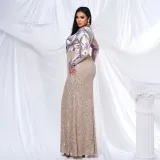 Plus Size Women Long Sleeve Round Neck Formal Party Sequined Fishtail Maxi Evening Dress