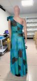 Women Casual Chiffon Print Slash Shoulder Dress