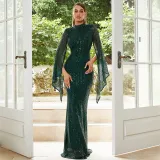 Women Long Sleeve Round Neck Sexy Sequin Formal Party Maxi Evening Dress