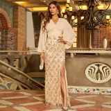Women Sexy Long Sleeve V Neck Sequin Tassel Formal Party Evening Dress