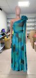 Women Casual Chiffon Print Slash Shoulder Dress
