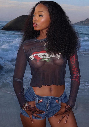 Women printed mesh see-through long sleeve top T-shirt