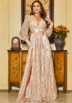 Women Long Sleeve V Neck Sexy Sequined Formal Party Evening Dress Bridesmaid Dress
