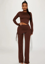 Women's Fashion Bevel Irregular Top Drawstring Bell Bottom Pants Casual Set
