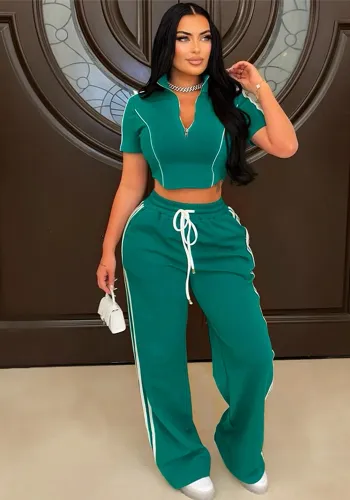 Fashion Women Zipper Short Sleeve Short Top Loose Pants Casual Two-Piece Set