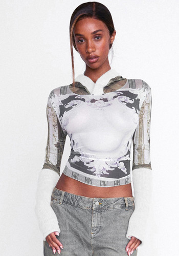 Printed Long-Sleeved Street Style Slim Hooded Top