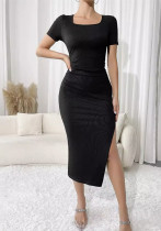 Square Neck Women Sexy Slit Slim Fit Bodycon Long Dress