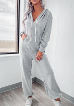 Solid V-Neck Hooded Drawstring Pocket Patchwork Casual Jumpsuit