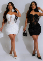 Fashion Women's  Strapless Flower See-Through Sexy Party Bodycon Dress
