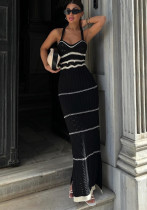 Sexy Contrasting Colors U-Neck Straps Woolen Dress