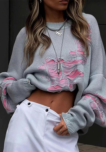 Autumn New Style Street Distressed Sweater Women's Ripped Round Neck Top