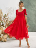 Summer Women's Square Neck Puff Sleeve Mesh Covered Maternity Dress