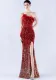 Women Ostrich Feather Beaded Sequin One Shoulder Slash Shoulder Slit Evening Dress