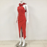 Women Sexy Sleeveless Backless Red Flower Bandage Dress