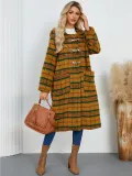 Women Winter Open-front Horn Button Hooded Plaid Long Coat