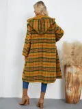 Women Winter Open-front Horn Button Hooded Plaid Long Coat