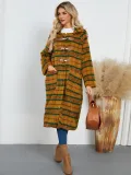 Women Winter Open-front Horn Button Hooded Plaid Long Coat
