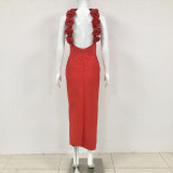 Women Sexy Sleeveless Backless Red Flower Bandage Dress