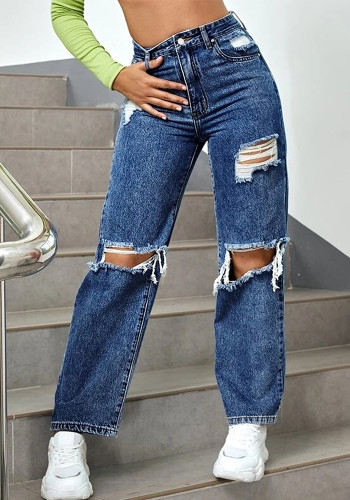 Women Ripped Wide Leg Denim Pants