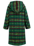 Women Winter Open-front Horn Button Hooded Plaid Long Coat