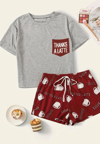 Women Casual Printed T-shirt Shorts Pajamas Two Piece Set