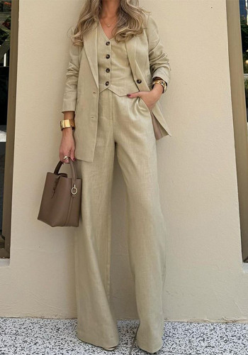 Women Solid Vest Blazer Wide-leg Pants Three-Piece