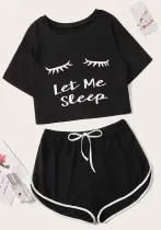 Women Letter Printed T-shirt Shorts Pajamas Two Piece Set