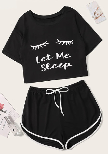 Women Letter Printed T-shirt Shorts Pajamas Two Piece Set
