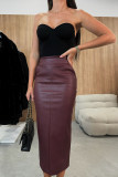 Women Pocket Pu-Leather Slit Bodycon Skirt