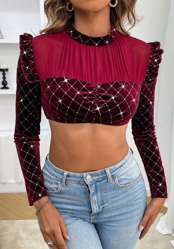 Women Long Sleeve Mesh See-Through Crop Top