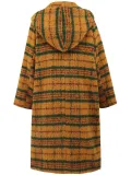 Women Winter Open-front Horn Button Hooded Plaid Long Coat