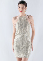 Women Tassel Sequin Halter Neck Beaded Evening Dress