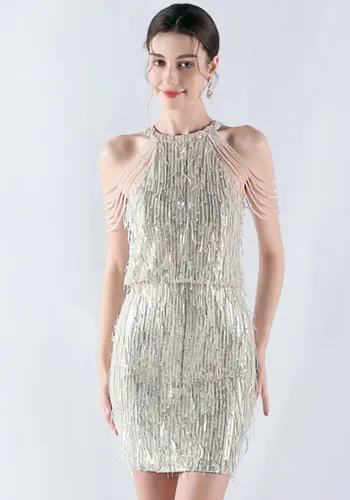 Women Tassel Sequin Halter Neck Beaded Evening Dress