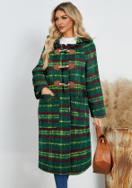 Women Winter Open-front Horn Button Hooded Plaid Long Coat