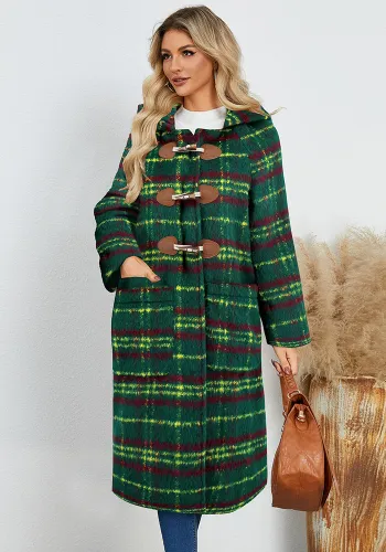 Women Winter Open-front Horn Button Hooded Plaid Long Coat