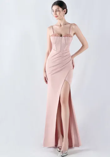 Women Fishbone Crystal Evening Dress