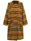 Women Winter Open-front Horn Button Hooded Plaid Long Coat