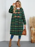 Women Winter Open-front Horn Button Hooded Plaid Long Coat