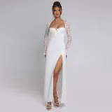 Women Sexy Lace Long Sleeve Patchwork Slit Dress