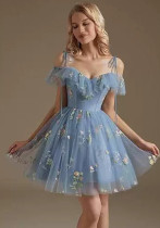 Flower Embroidered Strap Ruffled Off Shoulder A-Line Mesh Short Evening Dress（Processing time need 3-6 days）