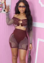 Sexy Patchwork Off Shoulder Long-Sleeved Crop Top High Waist Hollow Slim Shorts Two Piece Set