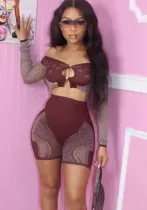 Sexy Patchwork Off Shoulder Long-Sleeved Crop Top High Waist Hollow Slim Shorts Two Piece Set