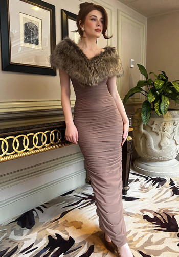 Autumn Slim Fur Off Shoulder Strapless Bodycon Dress