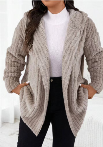 Autumn Winter Fashion Striped Fluffy Hooded Plus Size Fashion Solid Color Jacket