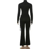 Autumn Fashion Solid Color Casual High-Neck Drawstring Top Slim Trousers Two Piece Set