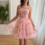 Strap Floral A-Line Mesh Short Party Dress For Women（Processing time need 3-6 days）