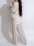 Women's Spring Autumn Stripes Patchwork Stripes Long Sleeve Linen Shirt Pants Two-Piece Set