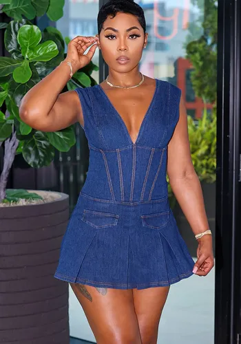 Women's Clothing Summer Fashion Sexy V-Neck Pleated Denim Dress